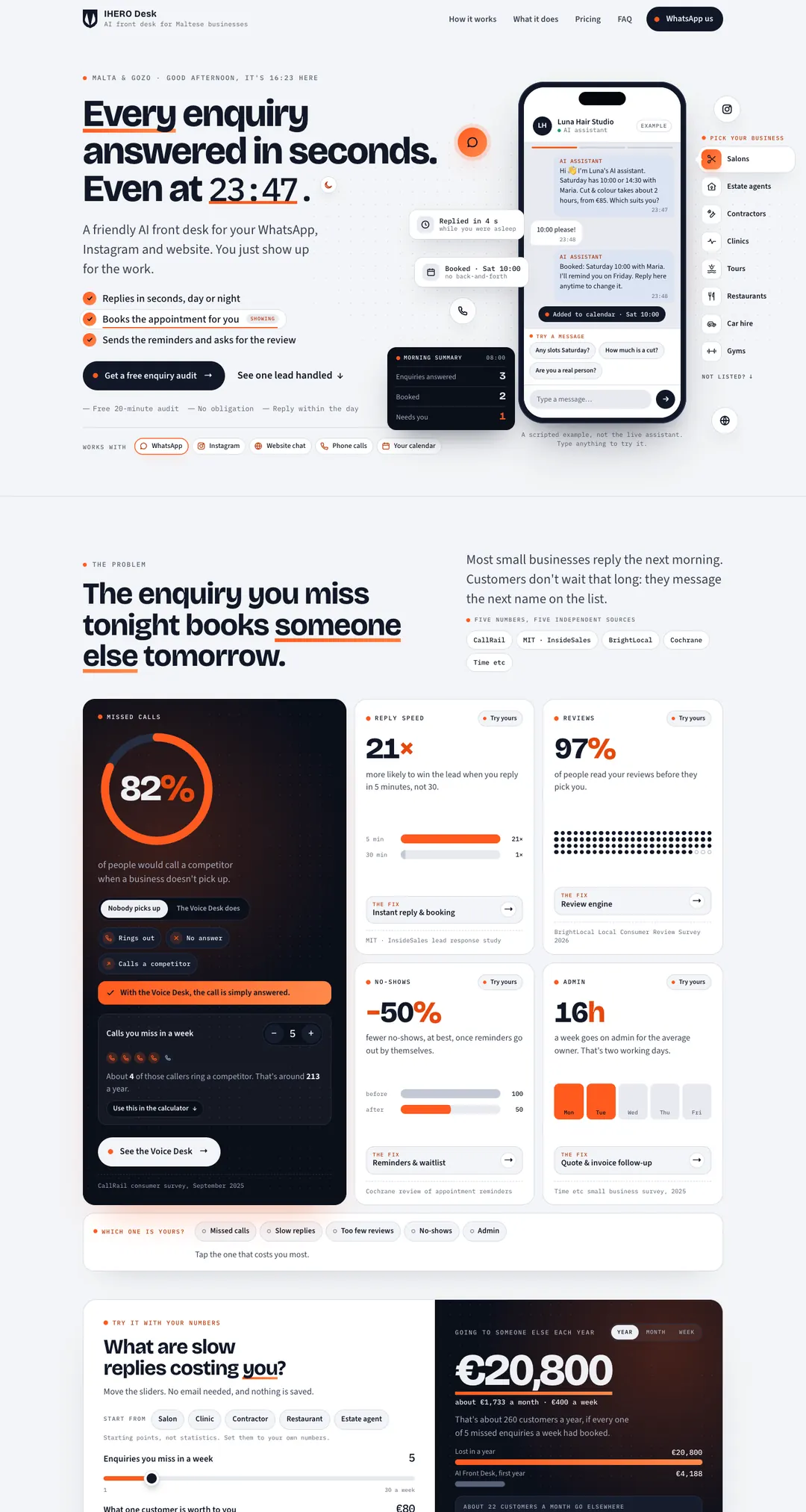 The IHERO Desk homepage: ‘Every enquiry answered in seconds’ — an AI front desk for Maltese businesses