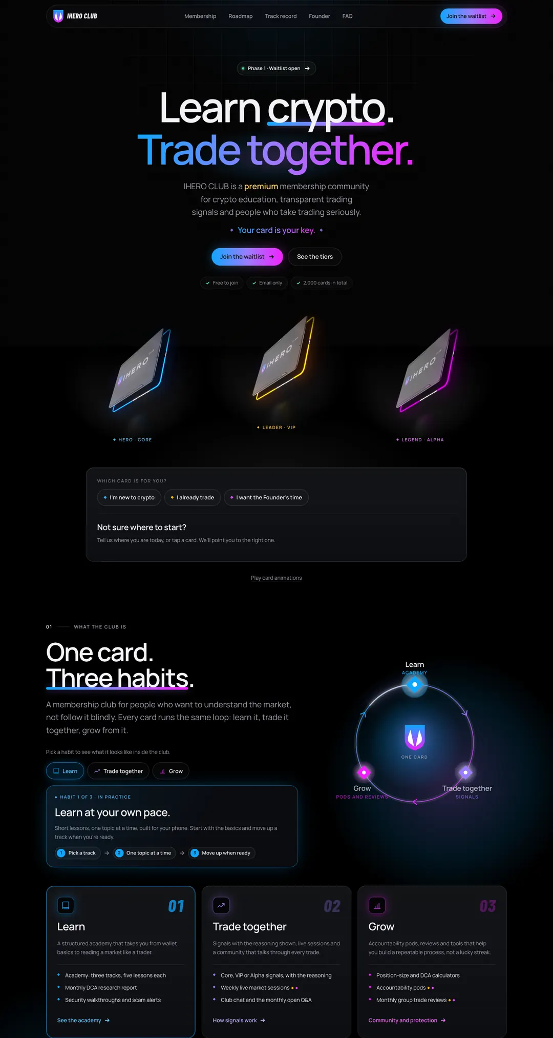 The IHERO Club homepage: ‘Learn crypto. Trade together.’ — a membership community for crypto education