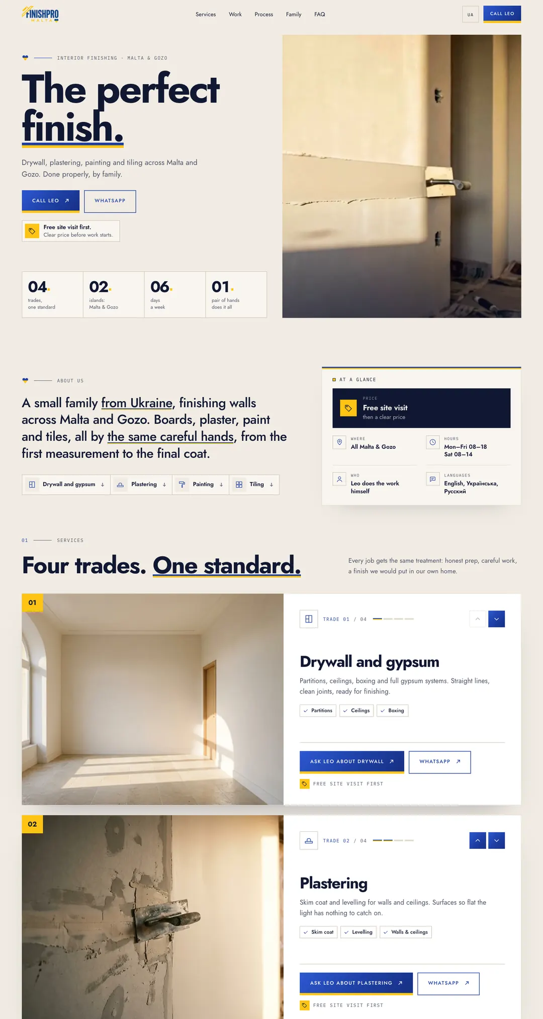The FinishPro Malta homepage: ‘The perfect finish’ — drywall, plastering, painting and tiling across Malta and Gozo