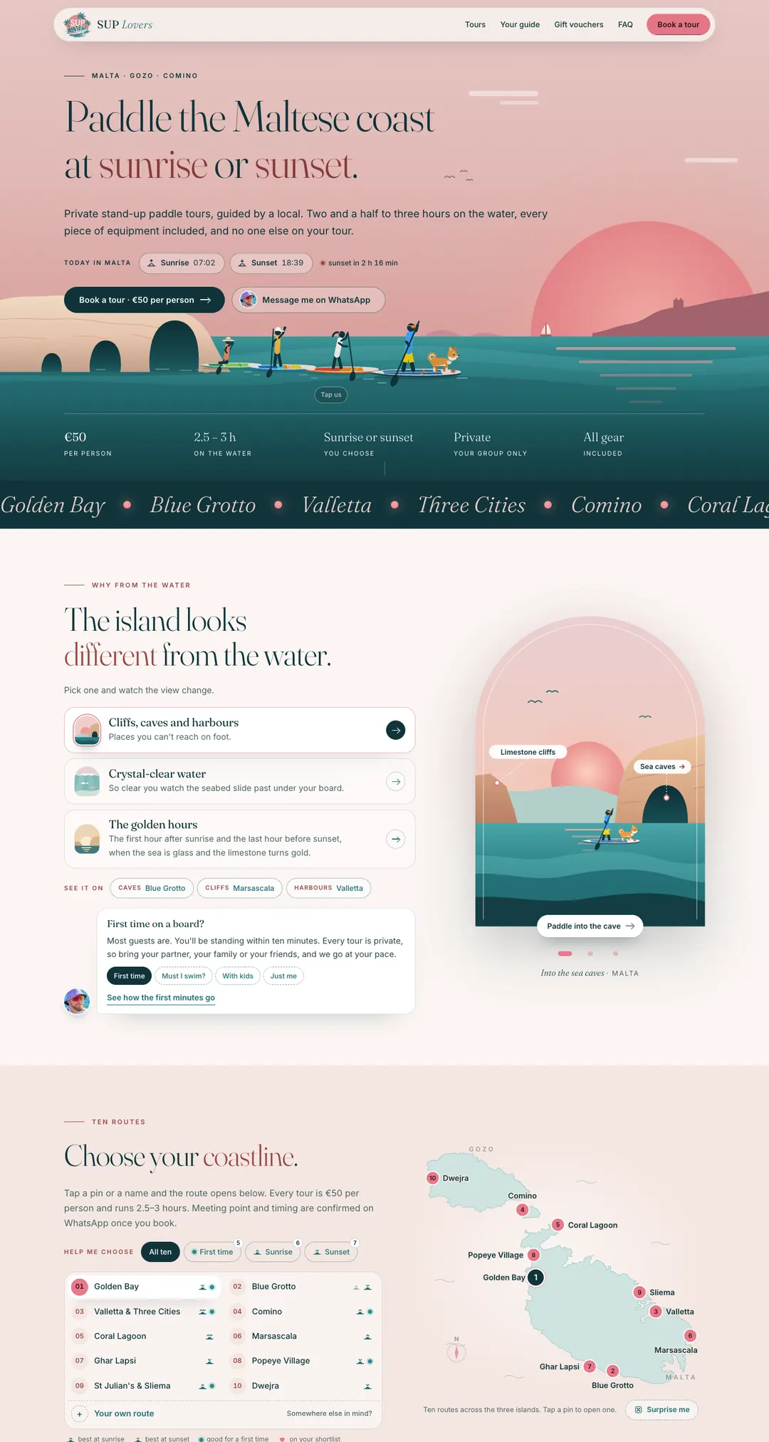 The SUP Lovers homepage: ‘Paddle the Maltese coast at sunrise or sunset’ — private stand-up paddle tours from €50 per person